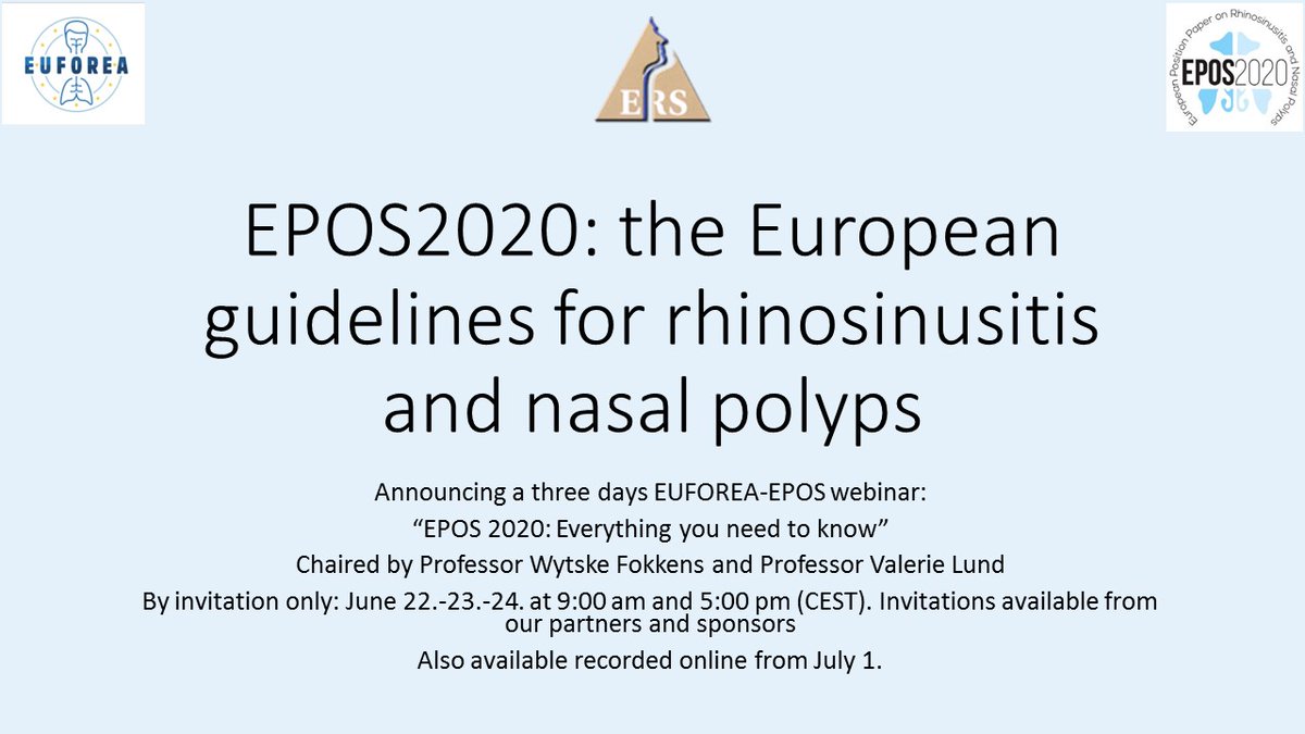 euforea's tweet photo. Announcing a three day EUFOREA-EPOS webinar series -EPOS 2020: Everything you need to know Chaired by Professor Wytske Fokkens and Professor Valerie Lund
June 22.-23.-24. at 09:00 CEST live -17:00CEST recorded Invitations available from our sponsors and partners #ERS #EPOS2020 https://t.co/5K6tPE4ciz
