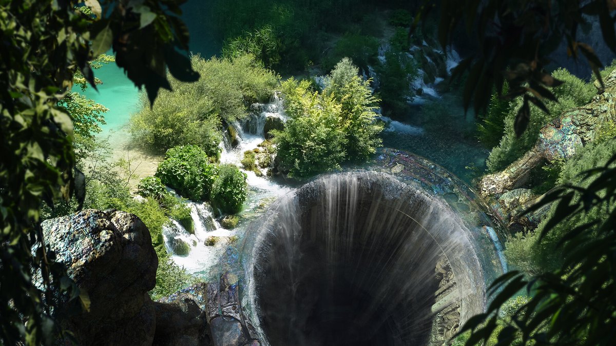 'Chalchiuhtlicue' by Ian Vicknair. 💚 bit.ly/2MVft36 #quixel #megascans #maya #redshift #photoshop #aztec #waterfall #mattpainting