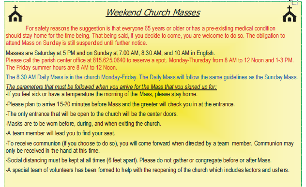 SterlingKC662's tweet photo. Call Lupe at St Mary's Catholic Church and reserve your seat at Mass 815-625-0640. If the Mass is not full, you may still be able to attend by simply walking up and registering in-person with the ushers. Masks required. #ChurchIsEssential https://t.co/kjNzCnzHnN