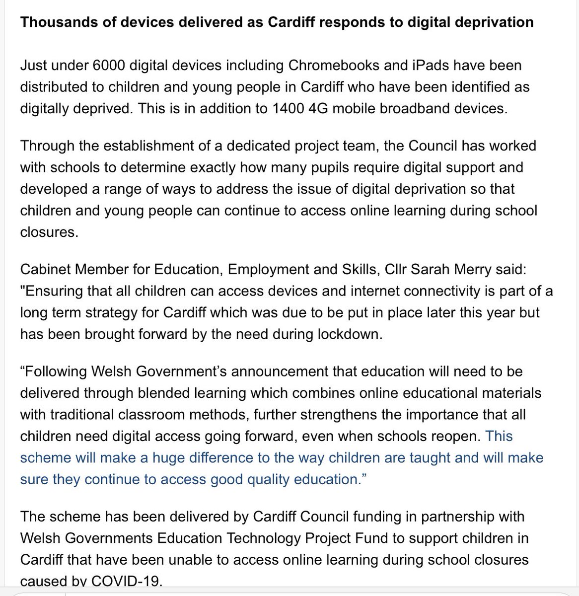 CardiffEduICT's tweet photo. Cardiff schools to end digital deprivation- such an amazing achievement! @Kirsty_Williams @HwbNews @JacindaArdern_0 @ProfTomCrick @CSC_DigiLearn https://t.co/avkS8zgxTL