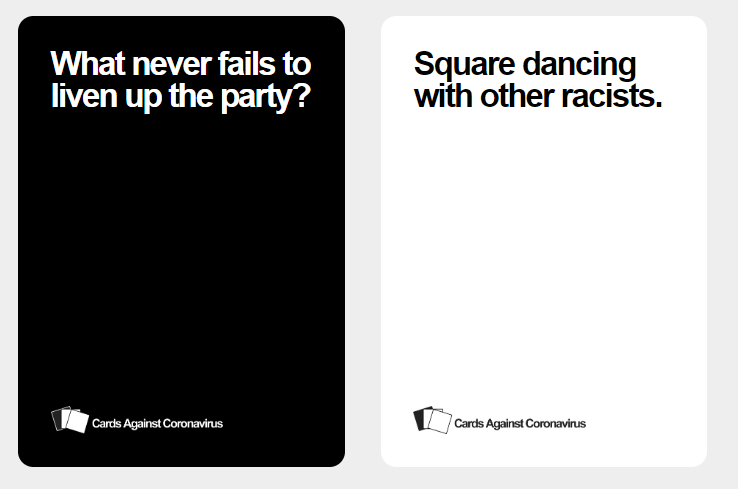 cardsagainstcv's tweet photo. It does seem the #worldsgonemad, but this week's #HandOfTheWeek winner didn't forget that #laughteristhebestmedicine, despite being American. Play multiplayer #CardsAgainstHumanity online for free at https://t.co/zQeVgkhQ6C. #PlayApartTogether #BlackCardsMatter https://t.co/4Sr4LWKQeu