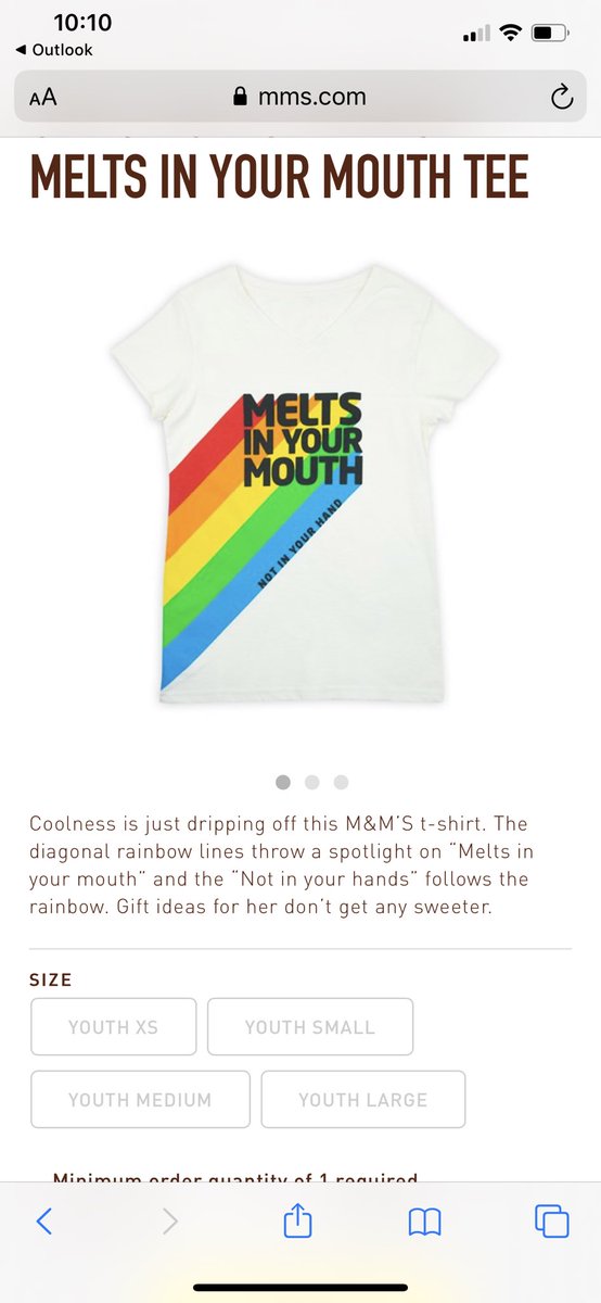 OKameSolomon's tweet photo. @Mms This is a part of M&amp;Ms pride collection. I’m troubled by the fact that it only comes in youth https://t.co/QcXmOgAESM my opinion this sexualizes lil girls. It’s hella cute for an adult. In the current climate, it’s inappropriate for our youth, U know, w sex trafficking &amp; all https://t.co/PietU0ddoi