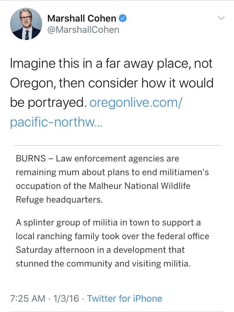 I’m sure you’ve seen the thread from  @CNN’s  @MarshallCohen. Would you be surprised to find out that he expressed the opposite sentiment when it came to the Bundys?Marshall, imagine  #CHAZ “in a far away place...”