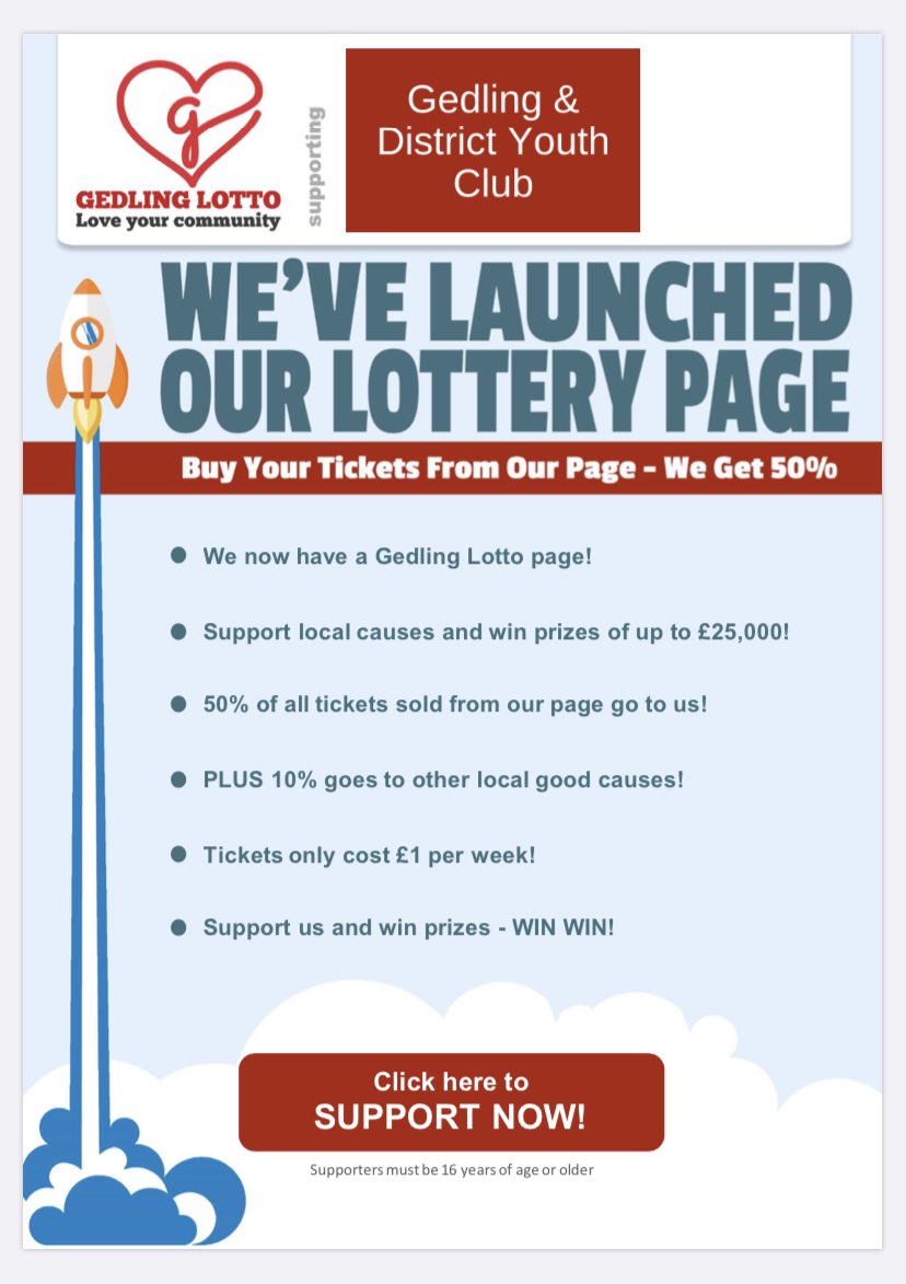 _GYCHub's tweet photo. You can now purchase lottety tickets to help Gedling &amp; District Youth Club. £1 per ticket. Max 6. The youth club receives 50% of all ticket sales + 10% goes to other local causes. Good luck. 👍🏻 https://t.co/AHiJr0zmSo