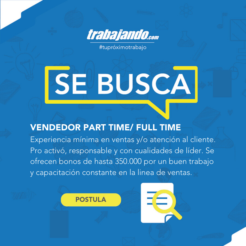 SE BUSCA: Vendedor Part-Time / Full-time
POSTULA: trabajando.cl/trabajo/386931…
#Sebusca #Tuproximotrabajo #vacante #oportunidadempleo