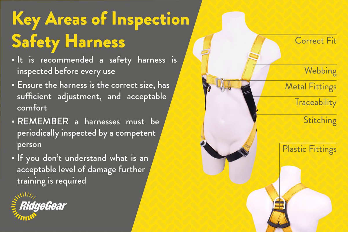 ridgegear's tweet photo. A brief and helpful reminder showing the key areas of inspection for safety harnesses. REMEMBER an inspection should take place before each use.

For further information or training then please contact training@ridgegear.com

#heightsafety #workatheight #inspection #safetyharness https://t.co/prW0zdSV8b