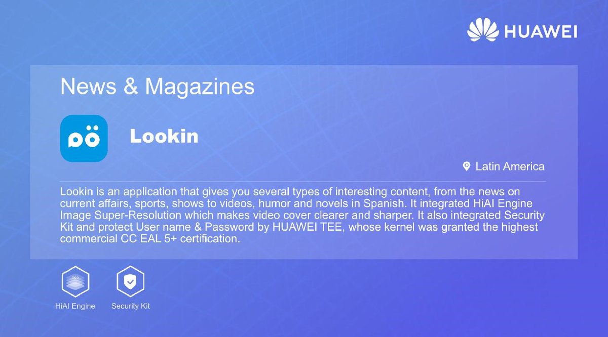 Huawei_devs's tweet image. It&apos;s time to highlight another #HWDevCase! 🙌

The Lookin app provides amazing content in Spanish!

Users enjoy clearer, sharper video, thanks to HUAWEI HiAI Engine! 🎥

Discover more here 👉 bit.ly/30gSojv 

#HuaweiDevelopers #HMSCore
