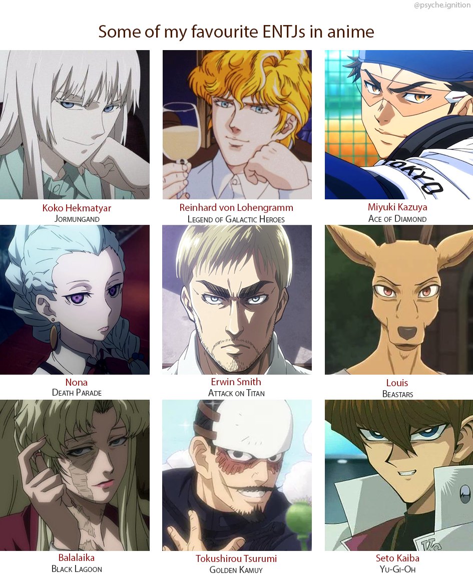 Psyche Ignition Sherliam Some Of My Favourite Entjs In Anime There S Just Something In Their Eyes What Do You See Anime Mbti Chart Entj Mbti유형별 침대위 물건들 Anitwt T Co Pgal9uvz4y Twitter