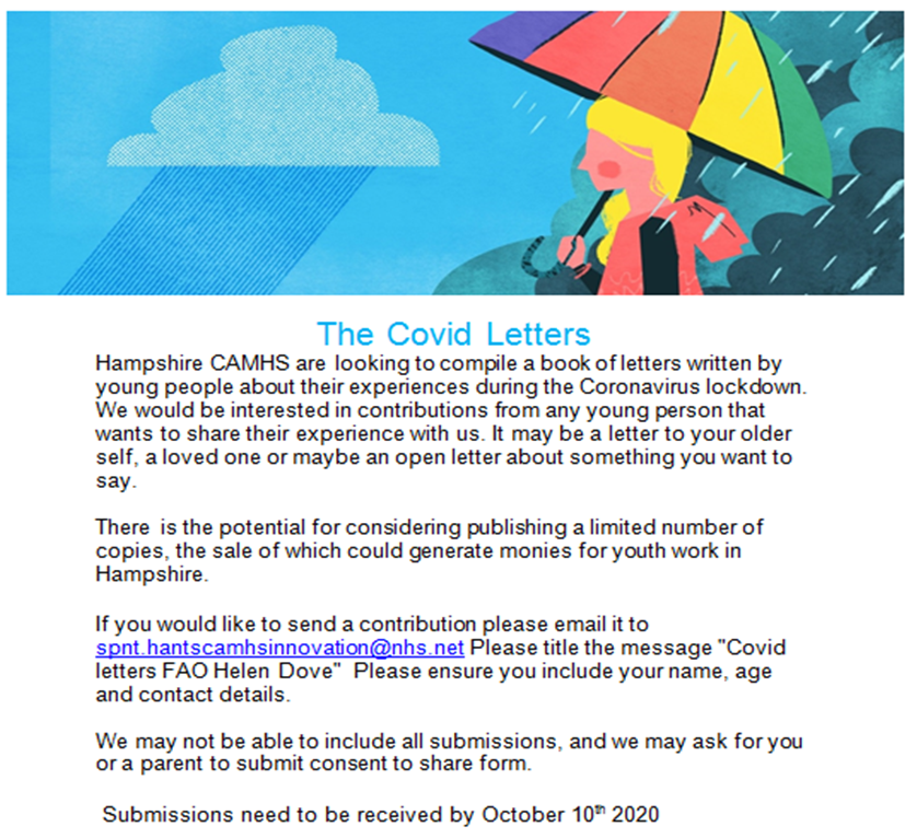 HANTS_CAMHS's tweet photo. *Voices of young people needed*
up to the age of 26 ish 
If you work with YP please encourage them to share their unique experiences of this pandemic &amp; lockdown 👇 https://t.co/q6e1jhaUEG