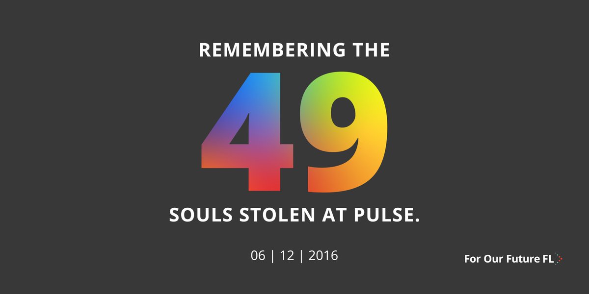 "Remembering the 49 souls stolen at Pulse." 49 in the gradient of the rainbow on a gray background. 