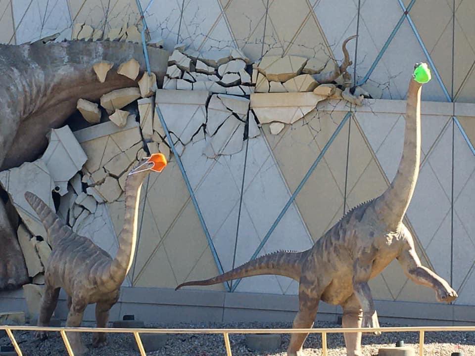 So Awesome: A friend shared these pics of the dinosaurs at <a href="/TCMIndy/">The Children's Museum</a> masked up for our protection. #RoleModels