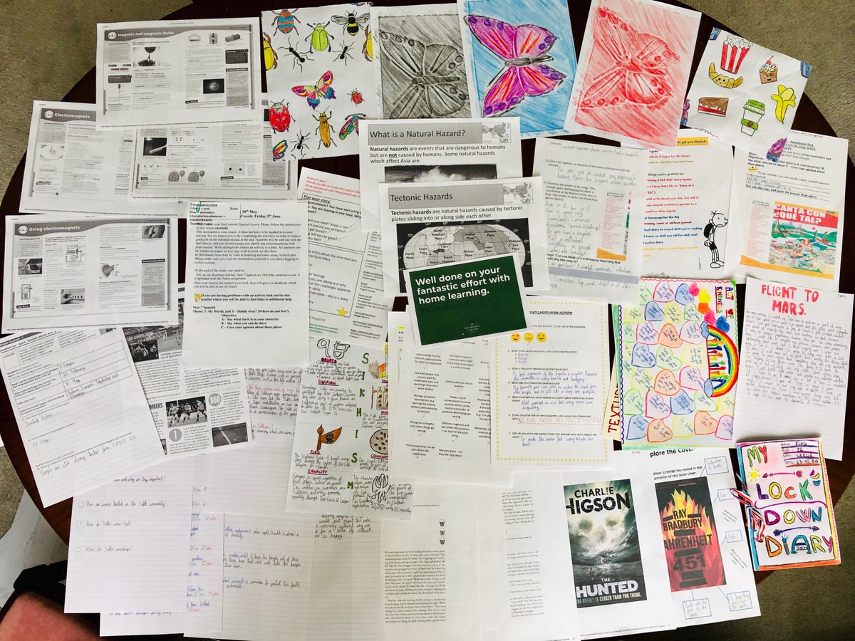 These front covers for an imaginary novel based on your experience in lockdown are too good yr 7&amp;8! "Think Inside the Box", "Way More Sleep", "Coronacoaster" and "Homework saved my Life" shown here! #RoundhayReadingWeek