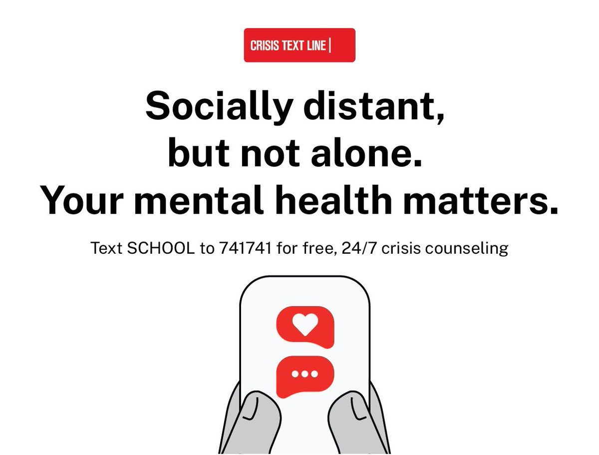 Remote learning is a change for all of us. Crisis Text Line is a free resource for parents, students, and teachers to help you cope during this time. Text SCHOOL to 741741 for free crisis counseling 24/7.”
#MentalHealthMatters
#YouAreNotAlone
#CometStrong 
<a href="/HPSComets/">Hackensack Schools</a>