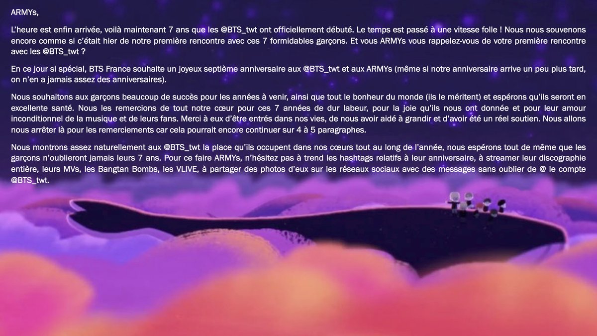 Bts Franceᴮᴱ 7toeternitywithbts Armys Notre Fanbase A Souhaite Adresser Ce Message Aux Bts Twt Et A Vous Pour Marquer Les 7 Ans Du Groupe Nous Esperons Que Ce 13 Bts Franceᴮᴱ 7toeternitywithbts Armys Notre Fanbase A Souhaite Adresser Ce Message Aux Bts Twt Et A Vous Pour Marquer Les 7 Ans Du Groupe Nous Esperons Que Ce 13