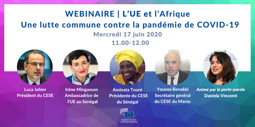 EU_EESC's tweet photo. 🆕Webinar | #EUAfrica: A joint fight against the #COVID19 pandemic.

With @EESC_President, @IMingassonUE, @aminatatoureklk &amp; Younes Benakki. Hosted by @VincentiDaniela.
 
🗓️17 / 06
⏱️11.00 - 12.00 (CET)
📺Broadcast live on our Facebook and Twitter pages! https://t.co/d8NpC8LyKa