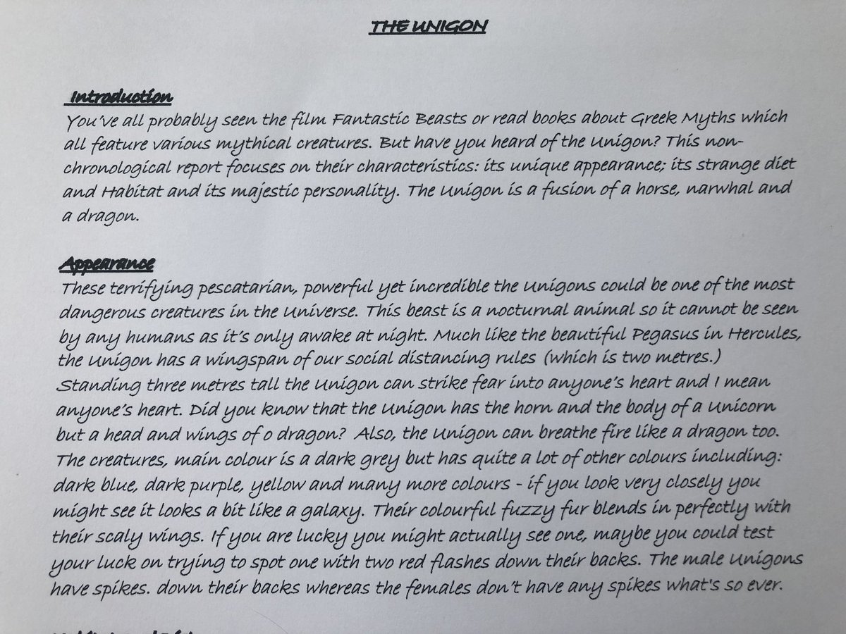 sarahandems's tweet photo. #ONAY5ENG #LearnWithOak  Ceryn’s non-chronological report on the mythical creature -The Unigon. 🦄🐉 https://t.co/nZOzgz0l83