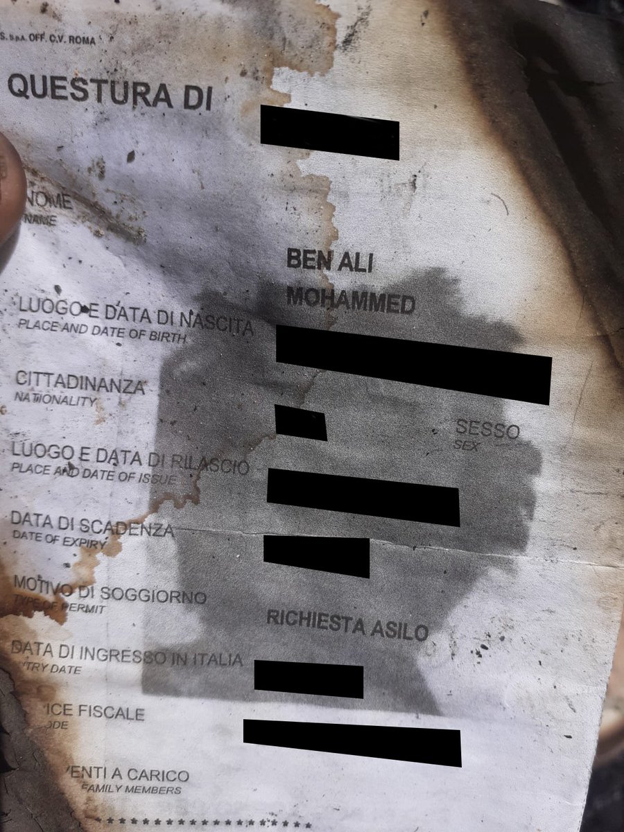#MohammedBenAli, lavoratore instancabile ed altruista, vittima dei decreti (in)sicurezza tutt'ora in vigore ed escluso da questa finta regolarizzazione. Questo documento, ritrovato tra le fiamme, attesta la sua esistenza divenuta invisibile. #nonsonoinvisibile