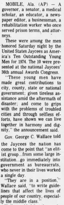 Could it have happened just before he accepted an award from George Wallace in 1974?