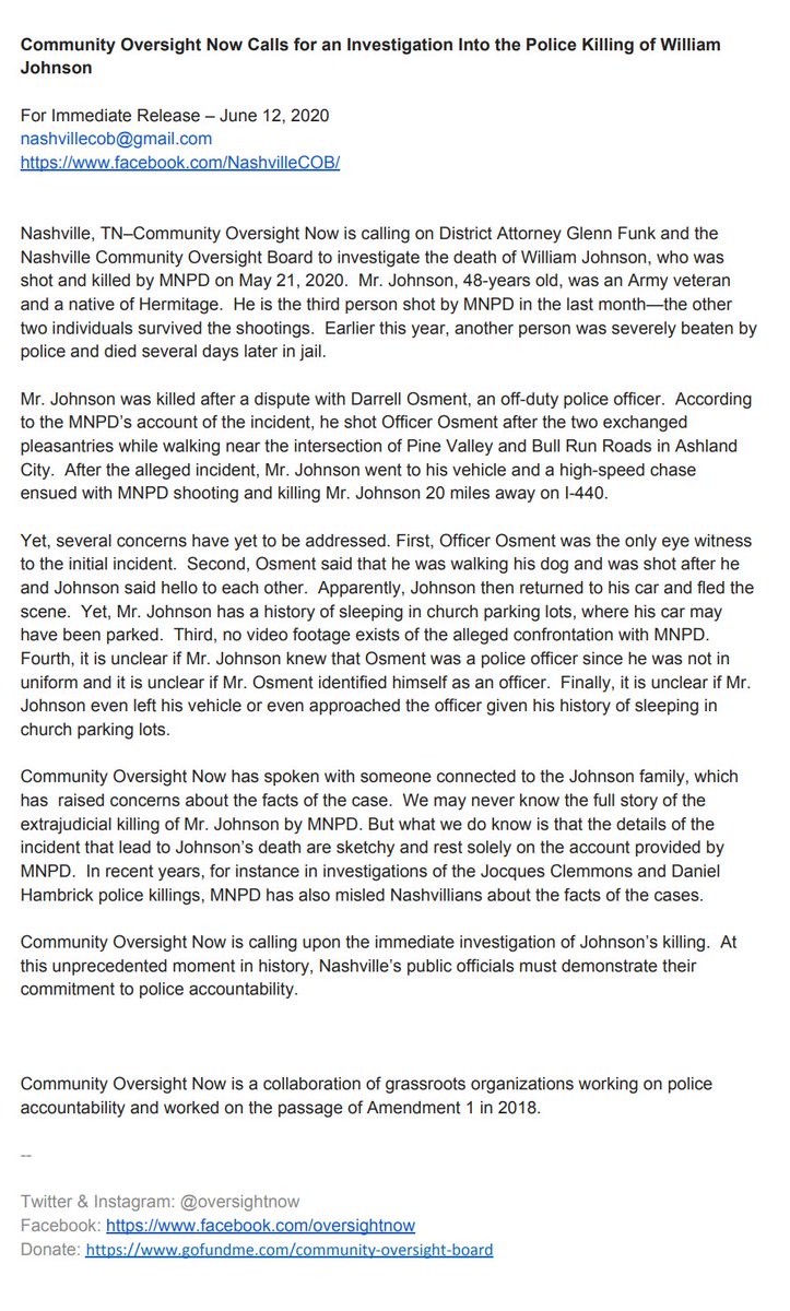 OversightNow's tweet photo. @OversightNow is calling on District Attorney Glenn Funk and the @MNCONashville to investigate the death of William Johnson, who was shot and killed by MNPD on May 21, 2020 https://t.co/1CkSLsWN4K