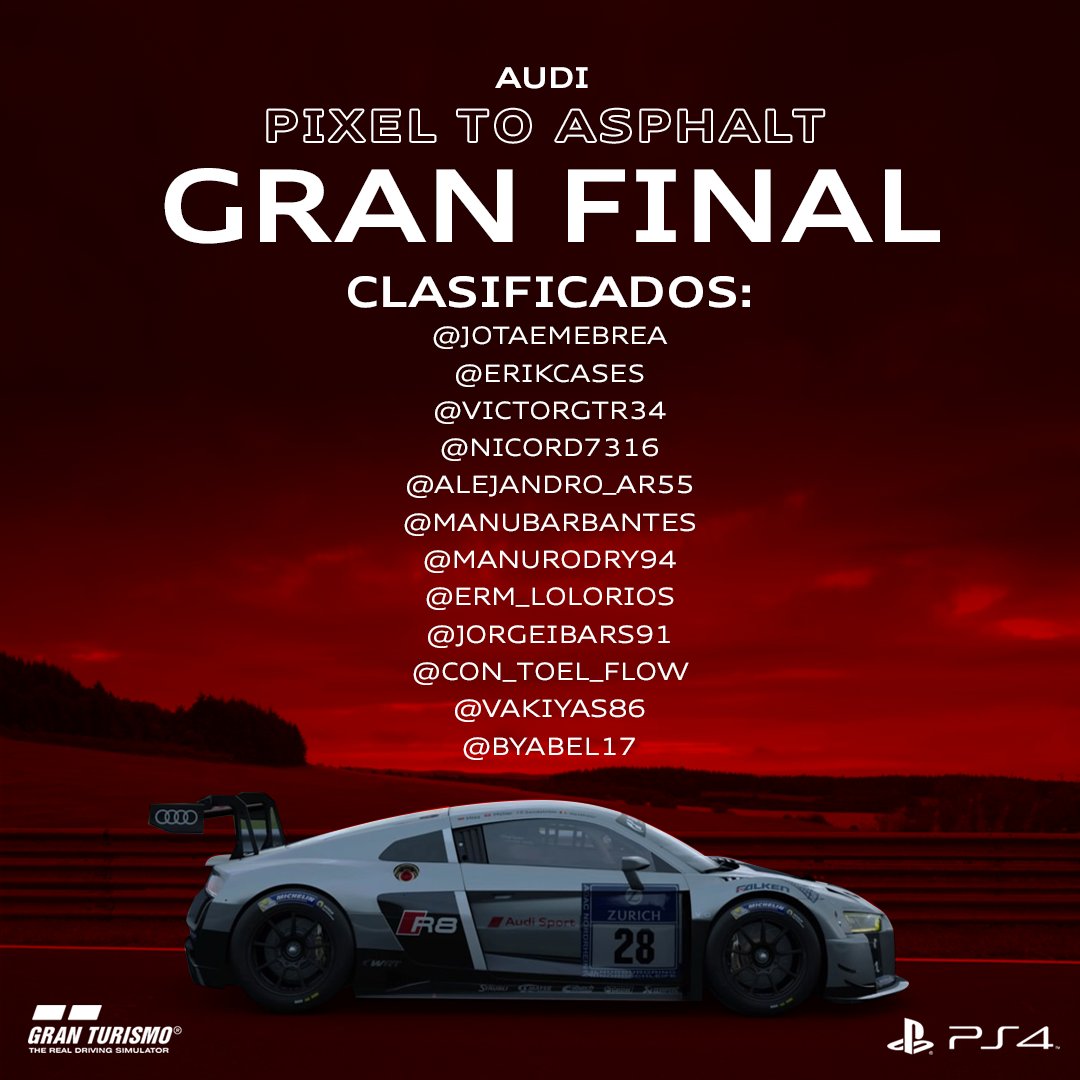audispain's tweet photo. #AudiPixelToAsphalt | Estos son los nombres de los 12 finalistas que viajarán virtualmente al circuito de Fuji de #PS4 #GranTurismoSport para obtener lo que todos deseamos: conducir un #AudiR8 sobre el asfalto de un circuito real. https://t.co/SBjTNVAwGg