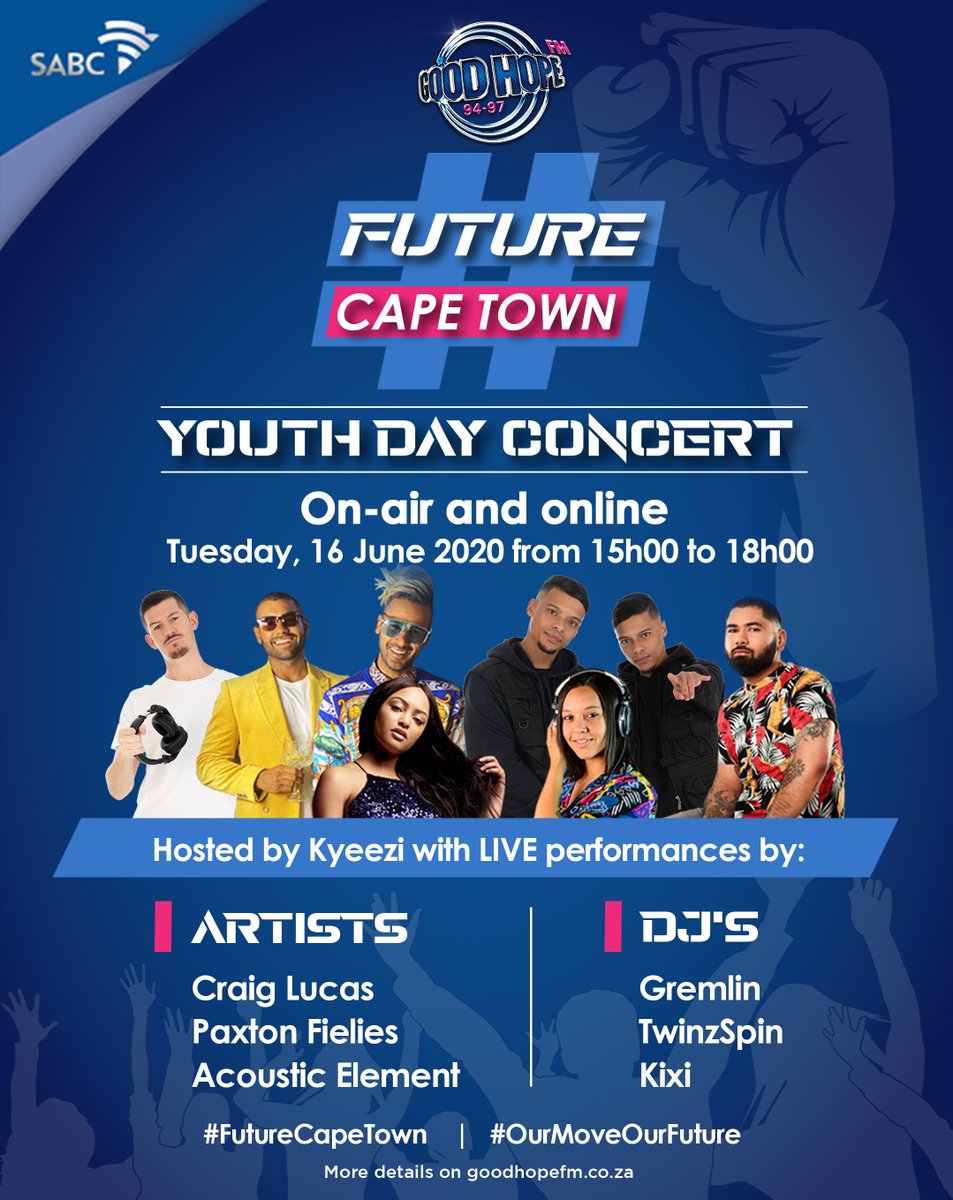 Check out your #FutureCapeTown Youth Day Virtual Concert Line Up 🙌🙌 🎧@TwinzSpin 🎤 Paxton 🎧@GREMLIN_za 🎤@Craigycracks 🎧@djkixi 🎤@AEMuzos 🎙️ @Kyeezi Watch LIVE on Facebook, Twitter & YouTube from 15:00 on 16 June 2020 🕒 #OurMoveOurFuture bit.ly/2XUvzAm