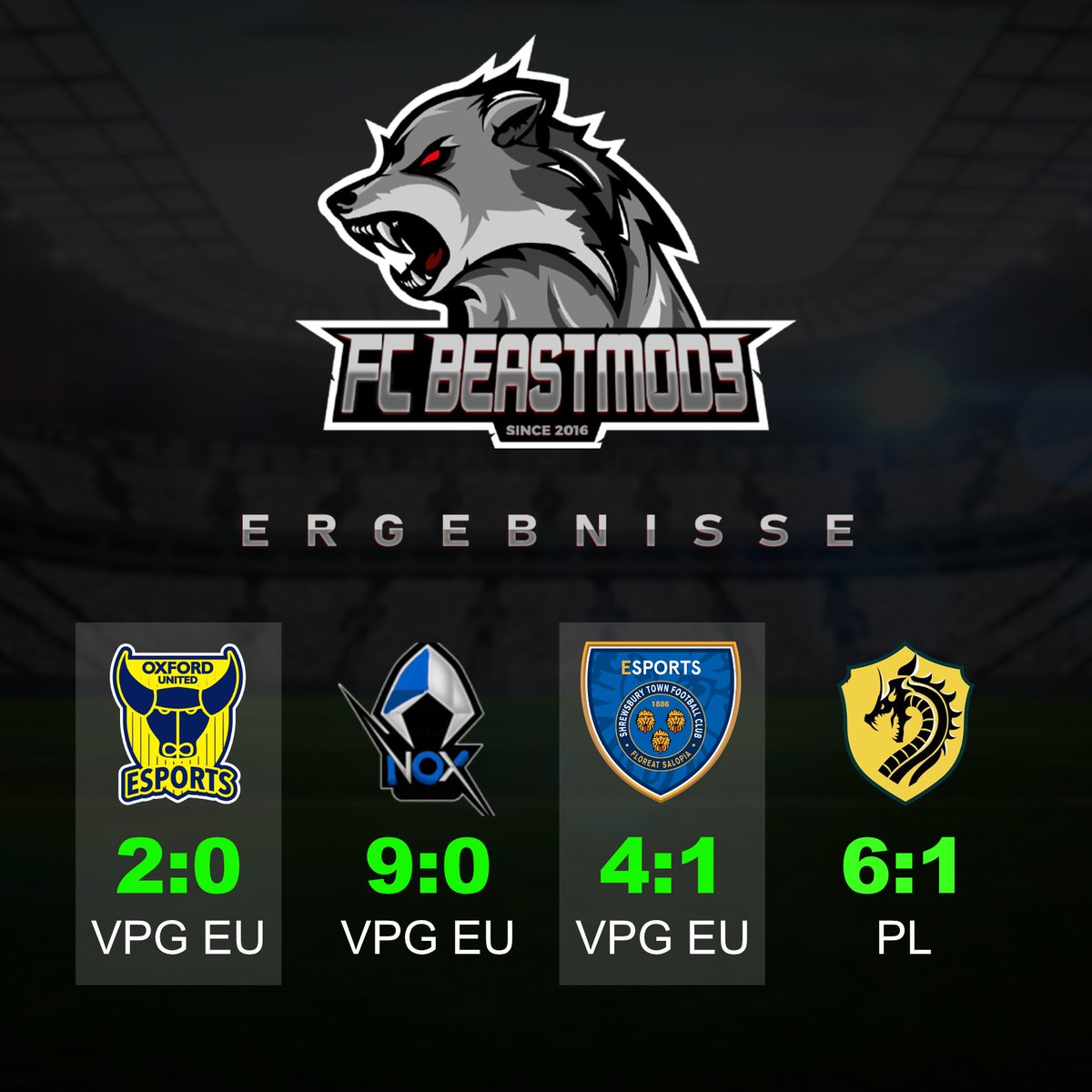 On a perfect track with four wins in a row and the 1st place in the 
<a href="/OfficialVPG/">Virtual Pro Gaming</a>

🏆| #VPGChampNorth
🆚| <a href="/ShrewsEsports/">Shrews Esports</a>
✅| 4:1

🏆| #VPGChampNorth
🆚| @TheNoXes
✅| 9:0

🏆| #VPGChampNorth
🆚| @OUFC_Esports_
✅| 2:0

🏆| <a href="/proleaguede/">ProLeague DE</a> 
🆚| #GoldenXProjekt
✅| 6:1