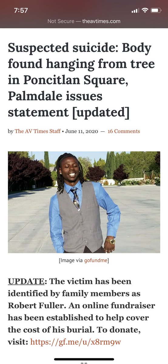 SUSPENDEDexplod's tweet photo. A black man was found hanging from a tree RIGHT NEXT TO CITY HALL in my hometown. His name was Robert Fuller. Officials and local news are irresponsibly presenting it as a suicide and linking it to COVID19 without proof! 

#JusticeForRobertFuller https://t.co/u78AHgOqZA