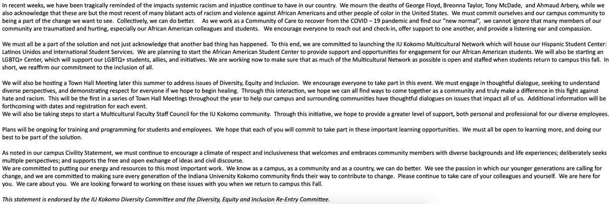 IU Kokomo Athletics encourages every former, current, and future student-athletes read the statement below. Those who are able we hope you will participate in the round tables to make sure all voices are heard and we continue to create meaningful changes in our communities!