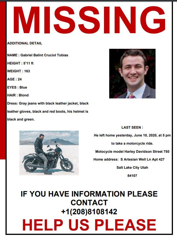 mdaviddrake's tweet image. A close friend of one of my classmates has been reported missing. Gabriel Balint Cruciol Tobias was last seen on 6/10 leaving his SLC home on his Harley.
If you see Gabe or have any info, please call the number in the attached flyer 🙏
#PleaseHelp #missing #MissingPerson