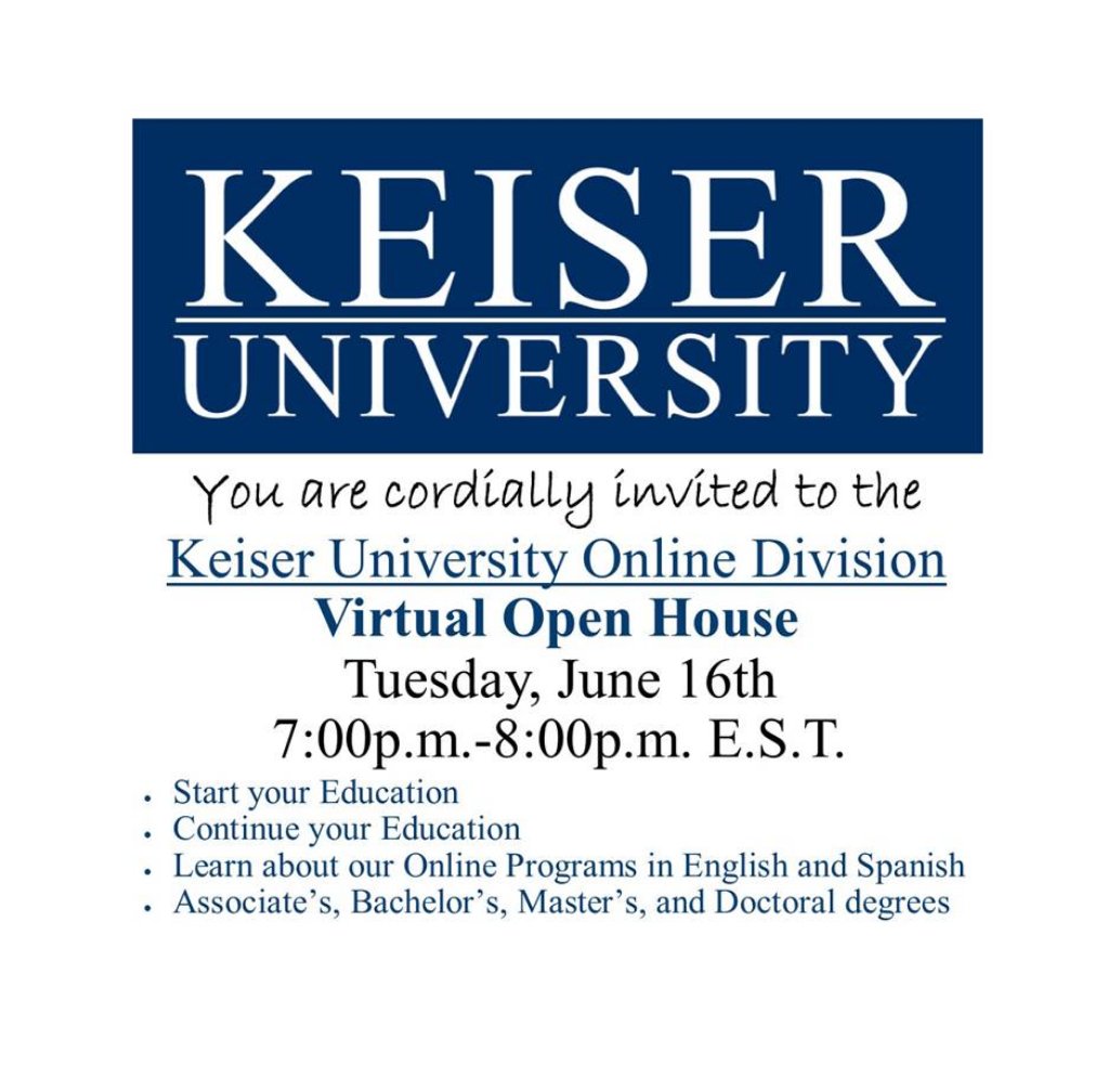 You are cordially invited to attend the #KeiserU Online Division #VirtualOpenHouse! 

Register: ow.ly/AgVr50A6aqB

A link to the Open House will be emailed to you prior to the event.