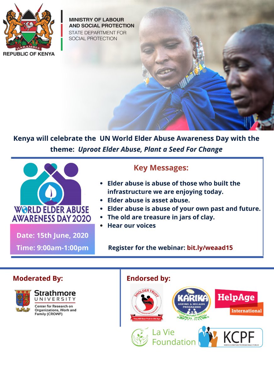 joycemugure4's tweet photo. Join the Department of Social Development @DSD_Kenya in celebrating this year's World Elder Abuse Awareness Day on 15th June .
Register for the Webinar Symposium on https://t.co/fwiTzSbnfW https://t.co/sNrpixuk3G