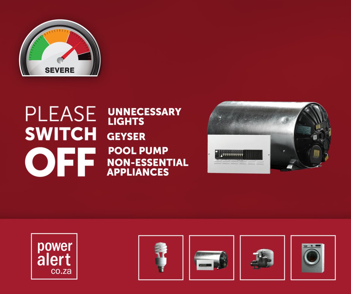 Eskom_SA's tweet photo. #PowerAlert 12 June 2020 17:30

Our power system is under severe pressure - Please switch off all unnecessary lights, your geyser, pool pump and non-essential appliances https://t.co/hRoDkHFhod