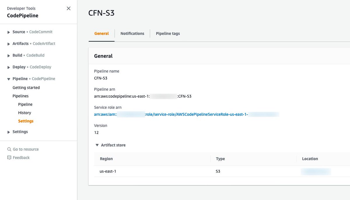 RajePranit's tweet image. This #CodePipeline settings page is pretty useful! I get direct links of its service role, artifact store & ARN. It'd be great to have link of CWE Rule/connection behind it. It becomes so hard to find for its CWE Rule from CWE console when you've so many pipelines.
#awswishlist