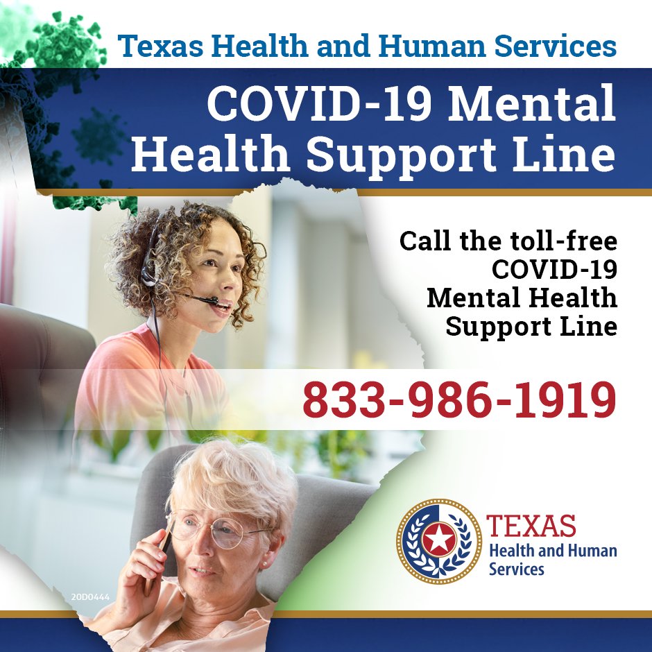 TCBHC's tweet photo. Depression can be amplified during uncertain times. No matter what you’re struggling with, @TexasHHSC COVID-19 Mental Health Support Line counselors are here for you 24/7. Call 833-986-1919 today. Help is available. #TexansRecoveringTogether https://t.co/MkcYKHY2o3