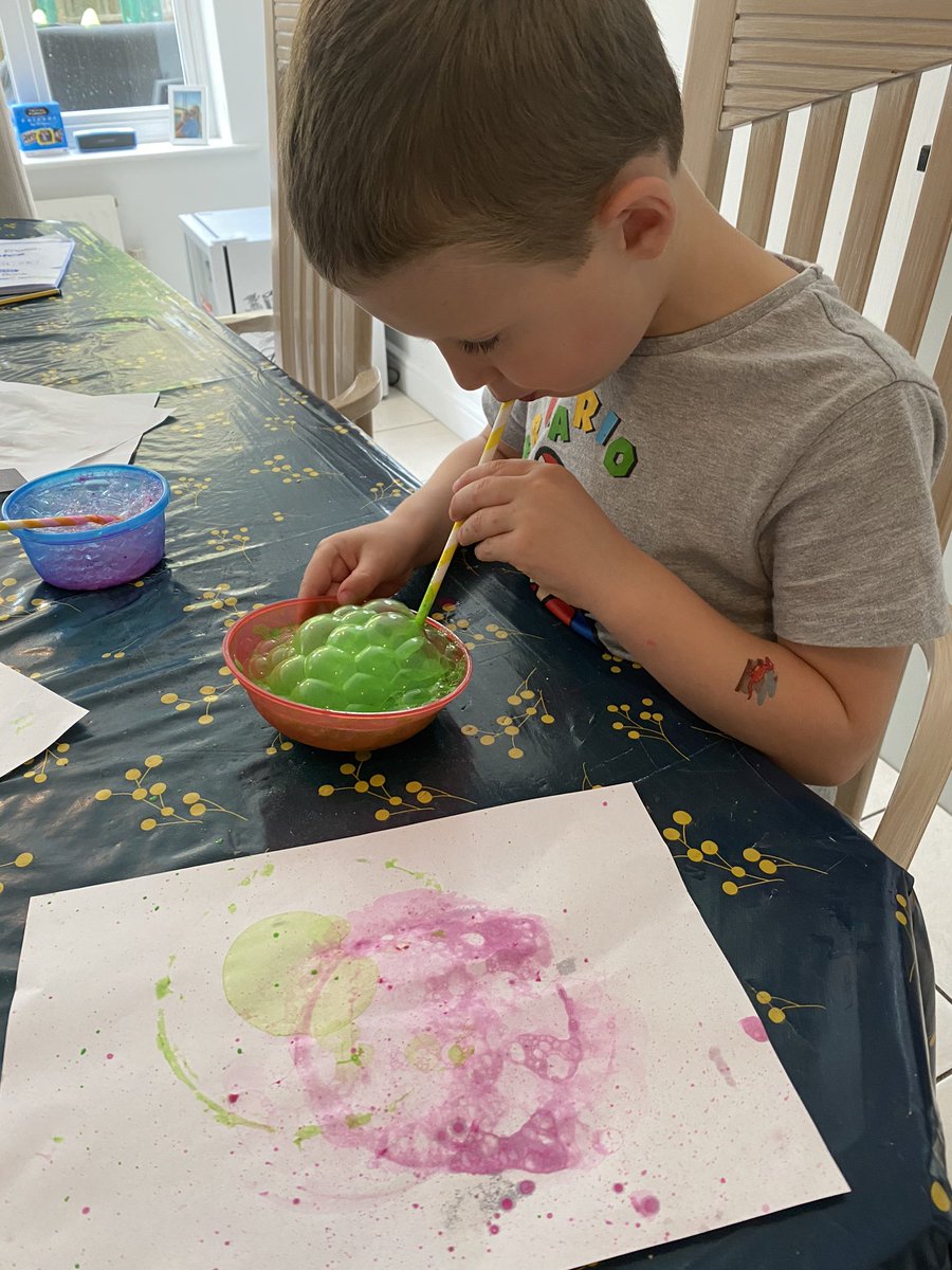 briggs_stef's tweet photo. Harry loved doing bubble painting and was very excited by all the patterns on the paper at the end! @WhiteCourtScho1 @MissHughes_FSH https://t.co/5AyEMBo05n