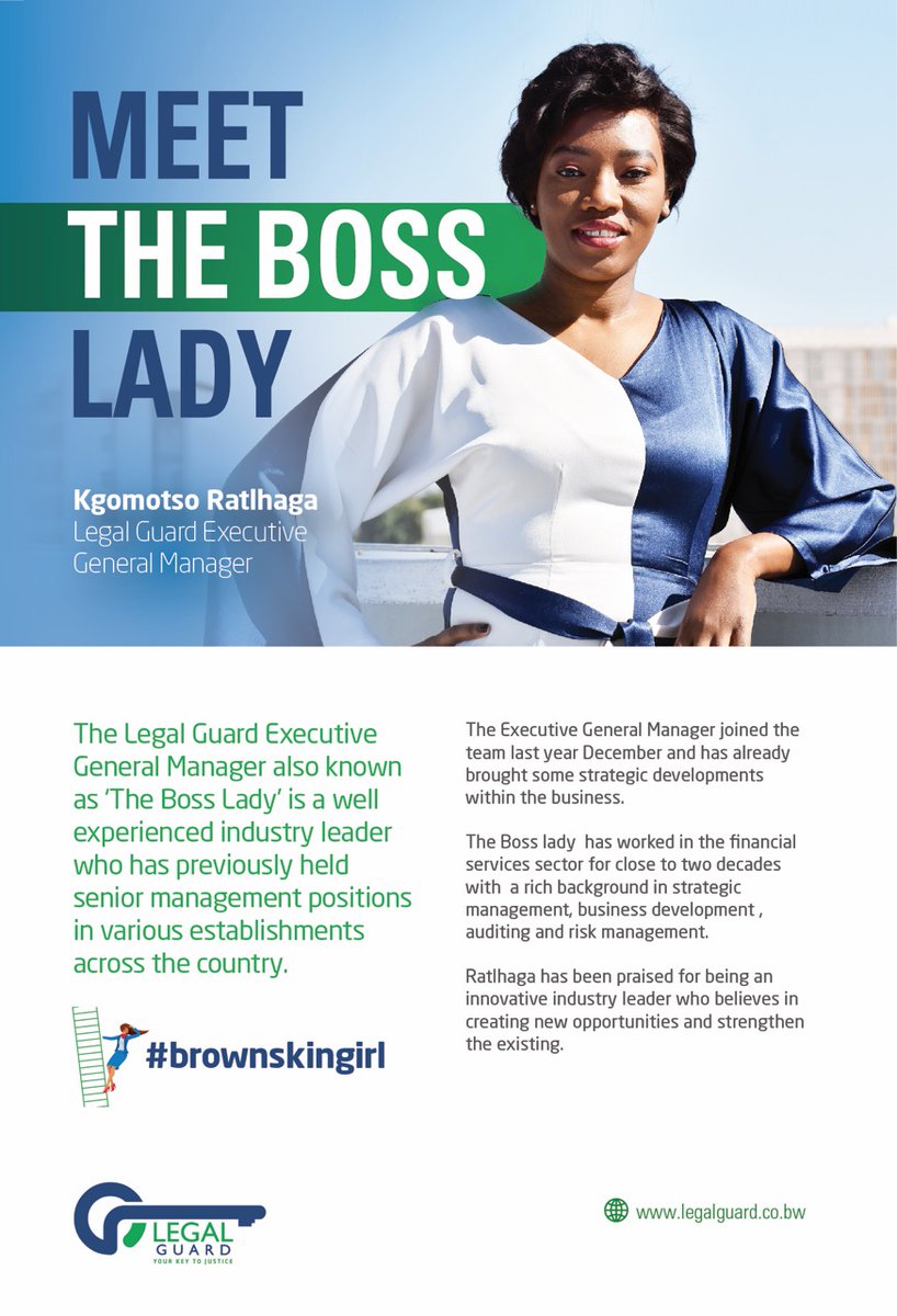LegalGuardBW's tweet photo. Meet Legal Guard Executive General Manager, Ms Kgomotso Ratlhaga.
#LetUsDoTheWork https://t.co/tMTf8v6VTC