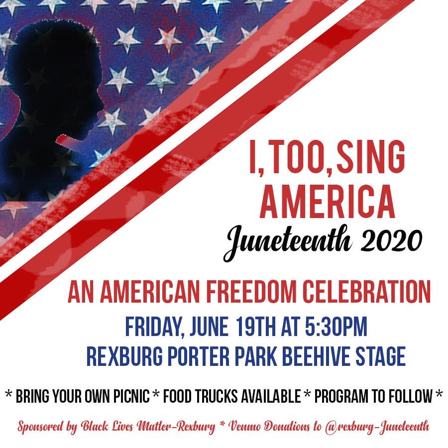 blmrexburg's tweet photo. Hey guys! The Rexburg Community is invited to a Juneteenth Emancipation Day Celebration. Donations are needed on Venmo @rexburg-juneteenth" Check this thread for a link to RSVP. https://t.co/duyNhHbnHR