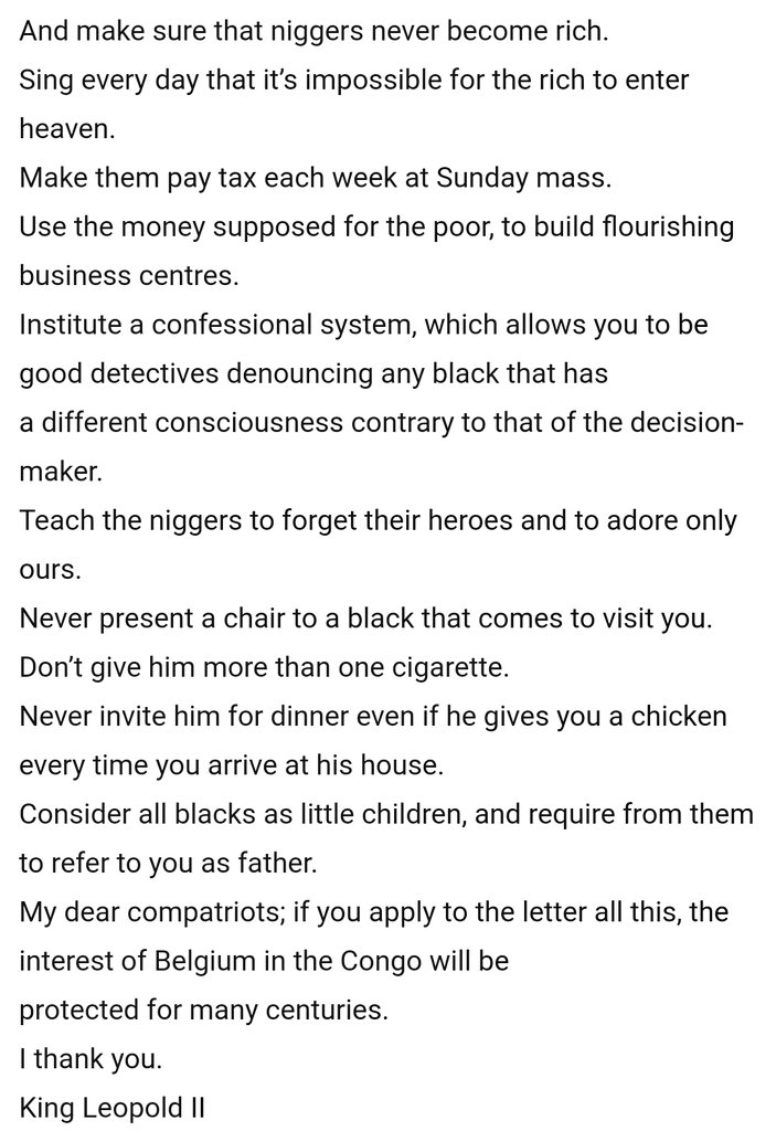 OnlyAfricaFacts's tweet photo. Here's a letter King Leopold II of Belgium wrote to colonial Christian missionaries to the Congo in 1883.

It was exposed to the world by Moukouani Bukoko, born in the Congo in 1915. In 1935 he bought a second-hand Bible from a Belgian
priest who forgot the speech in the Bible. https://t.co/wa8idAmUoE