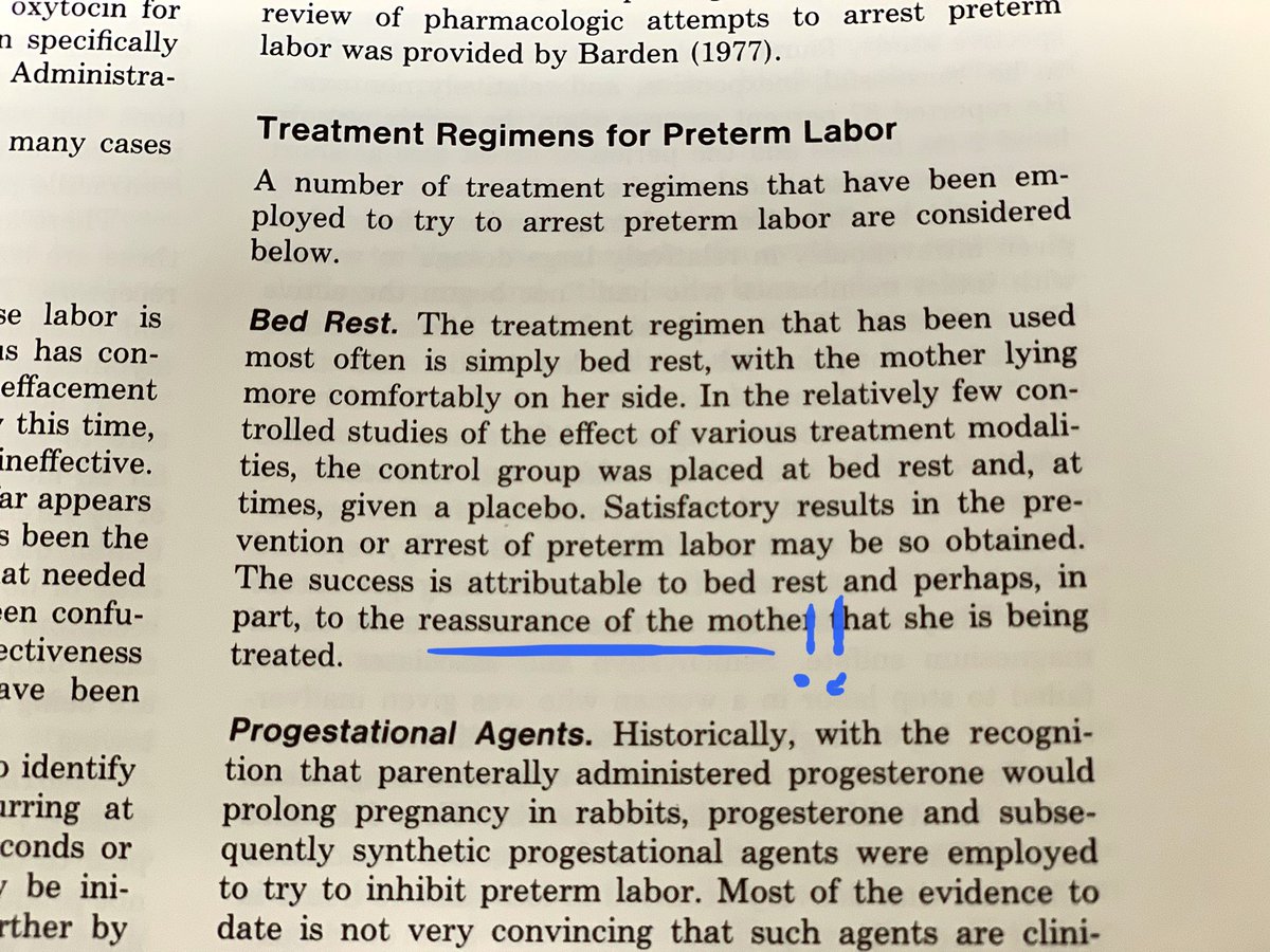 OB oral boards (1985): what is your differential diagnosis for #preterm labor? Examinee: Lady hysteria. Examiner: And the treatment? Examinee: Paternalism. Examiner: <back slap> You’ll be just fine. #WilliamsObstetrics