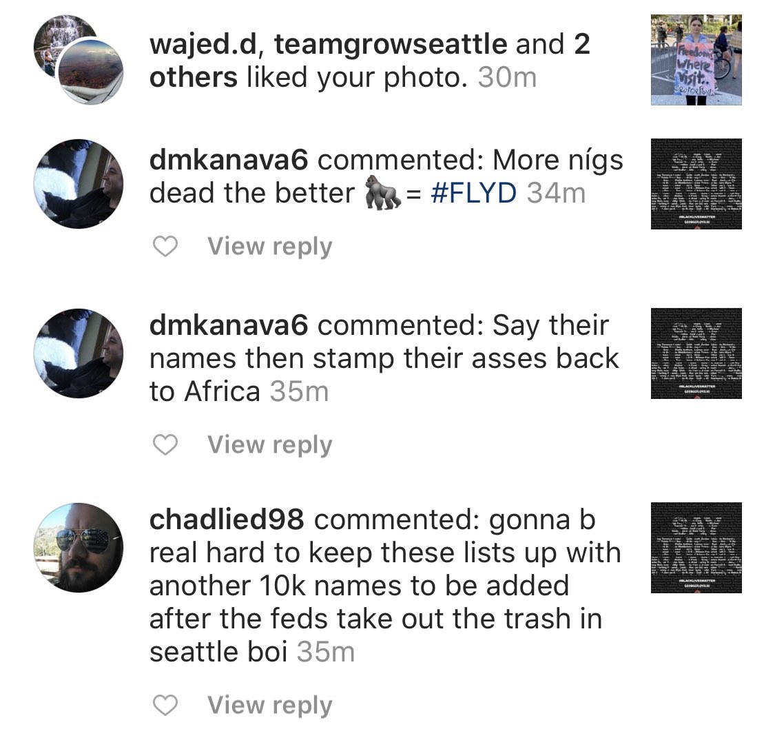GeorgeFLYD's tweet photo. We getting attacked on IG and it keeps us even stronger. Let their hate fuel our FIRE! #FLYD WE WILL NOT BREAK NOR FOLD TO THESE RACISTS. WE WILL WIN!!!! #blm #blmseattle #BLMprotest #BlackLivesMattertoronto #BlackLivesMatterUK #BlackLivesMatterDC #BlackLivesMatterNL https://t.co/UXBKiKxSpZ