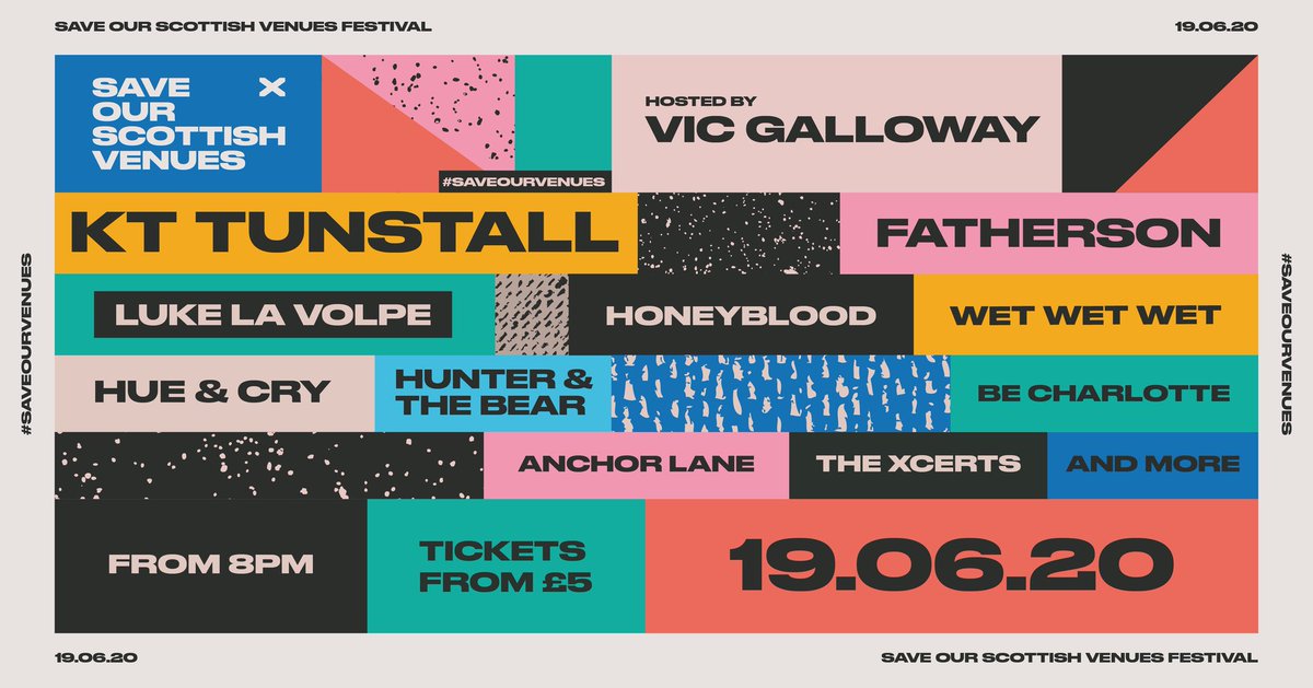Happy to be hosting - SAVE OUR SCOTTISH VENUES - a 3 stage online festival for the <a href="/musicvenuetrust/">Music Venue Trust</a> on Friday 19th June at 8pm, with a huge array of Scottish talent! Grassroots LIVE venues across the country could close forever... This will help raise funds! Only £5/£8 tickets ♥️