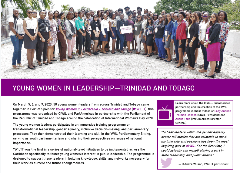 ParlAmericas's tweet photo. ParlAmericas, @_CIWiL and @TTParliament, with the support of @CanadaDev, organized the first Young Women in Leadership initiative (#YWiLTT) in Trinidad and Tobago, with the participation of 58 young women leaders. See the activity report to learn more: https://t.co/cQeIcgPnRb https://t.co/1qYr5b9mjl