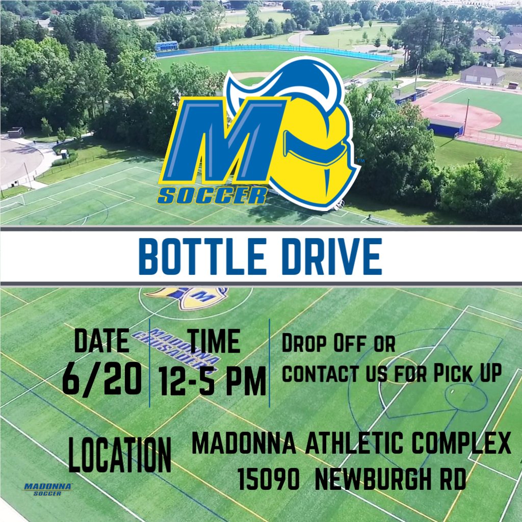 MUCrusadersWSOC's tweet photo. Madonna Women's Soccer Bottle Drive!

Help support the team for the upcoming season by donating your bottles and cans! You can either drop them off at the Madonna Athletic Complex  on 6/20 12-5pm or contact us and we will pick them up from your residence.
#MUWSOC #CrusaderNation https://t.co/v7CwoKAP4Z