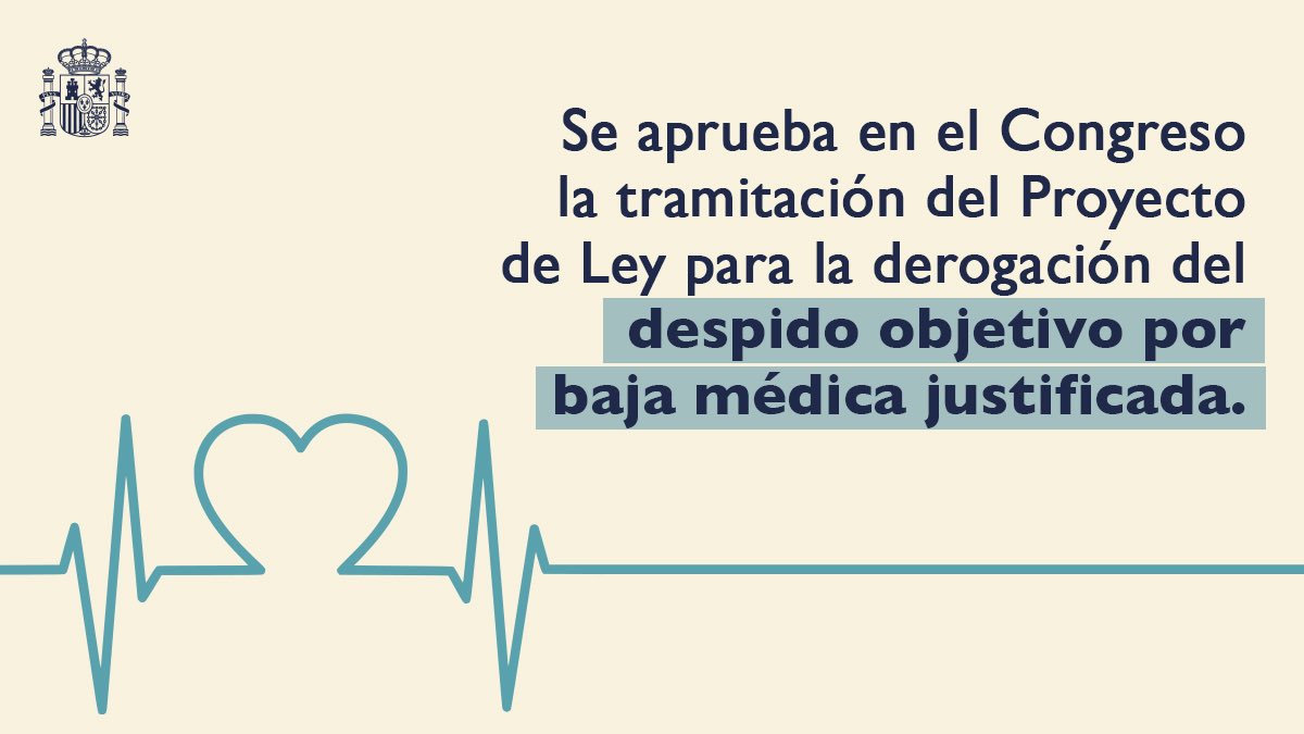 desdelamoncloa's tweet photo. ✅ El @Congreso_Es ha aprobado la tramitación del Proyecto de Ley que deroga el despido por baja médica justificada.
 
Una medida especialmente relevante en la crisis sanitaria por el #COVID19 y que hace valer los derechos fundamentales de las personas trabajadoras. https://t.co/rIAdGGtJQb