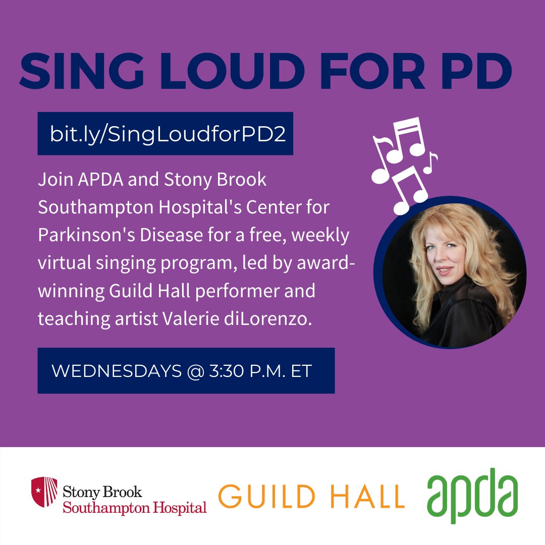 APDAParkinsons's tweet photo. SING LOUD for PD lives on! If you missed your chance to belt it out w/ award-winning #teachingartist and @guildhall #vocalist Valerie diLorenzo, or you had a blast singing w/ her earlier this month, register for any of the weekly #voiceclasses by visiting https://t.co/5530q4Iopc https://t.co/EdsqvAIB0X