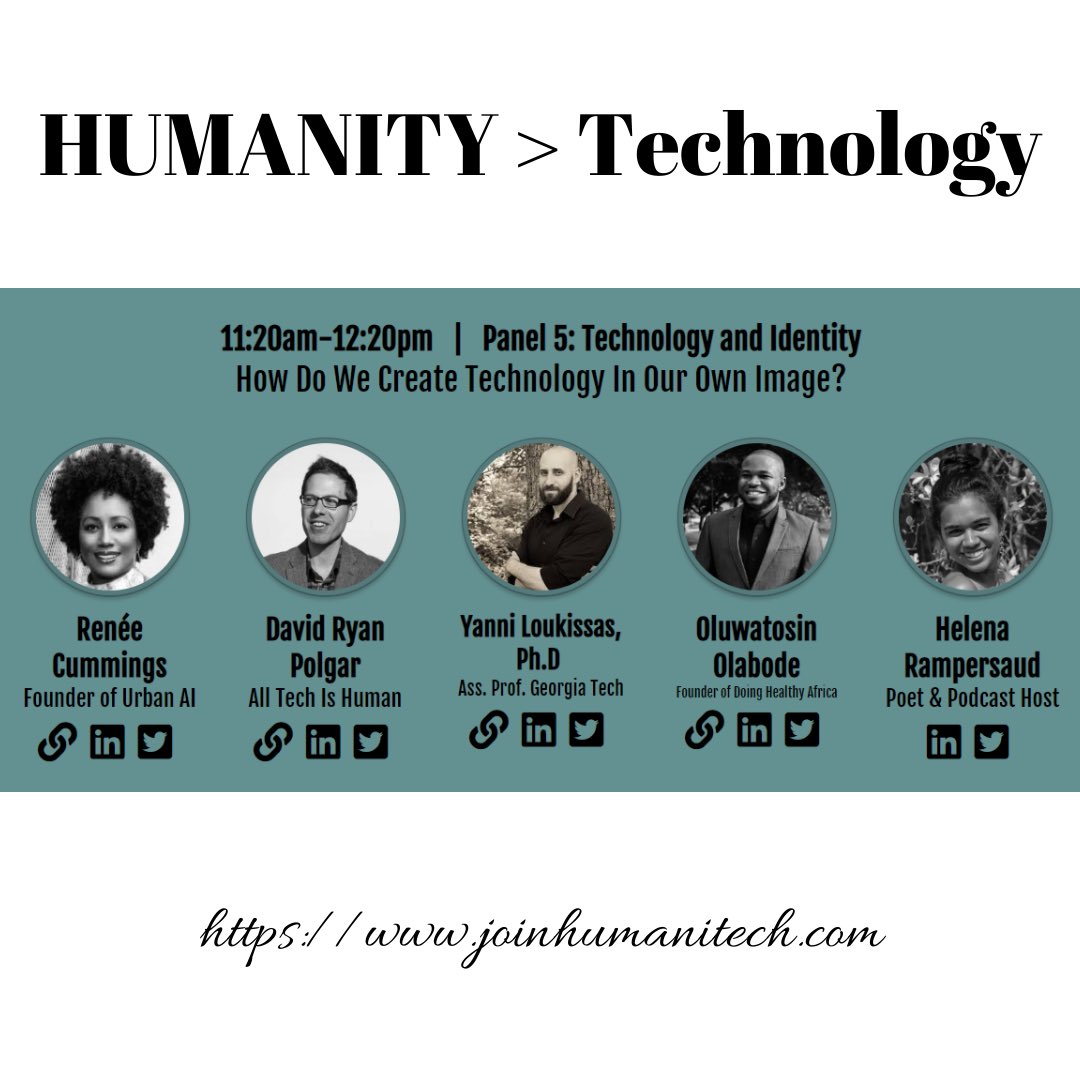 PsycoachTP's tweet photo. Our Panel 5 speakers:

@CummingsRenee of @Columbia
@TechEthicist of @AllTechIsHuman 
@yloukissas of @GeorgiaTech 
@DoubleST_Sst of @DoingHealthyAfr &amp;
@helena_speaks Poet &amp; Podcast Host

Join them at #HUMANITECH on June 18th!

#DigiWellConference #DigitalWellness https://t.co/XCoCowtCDO