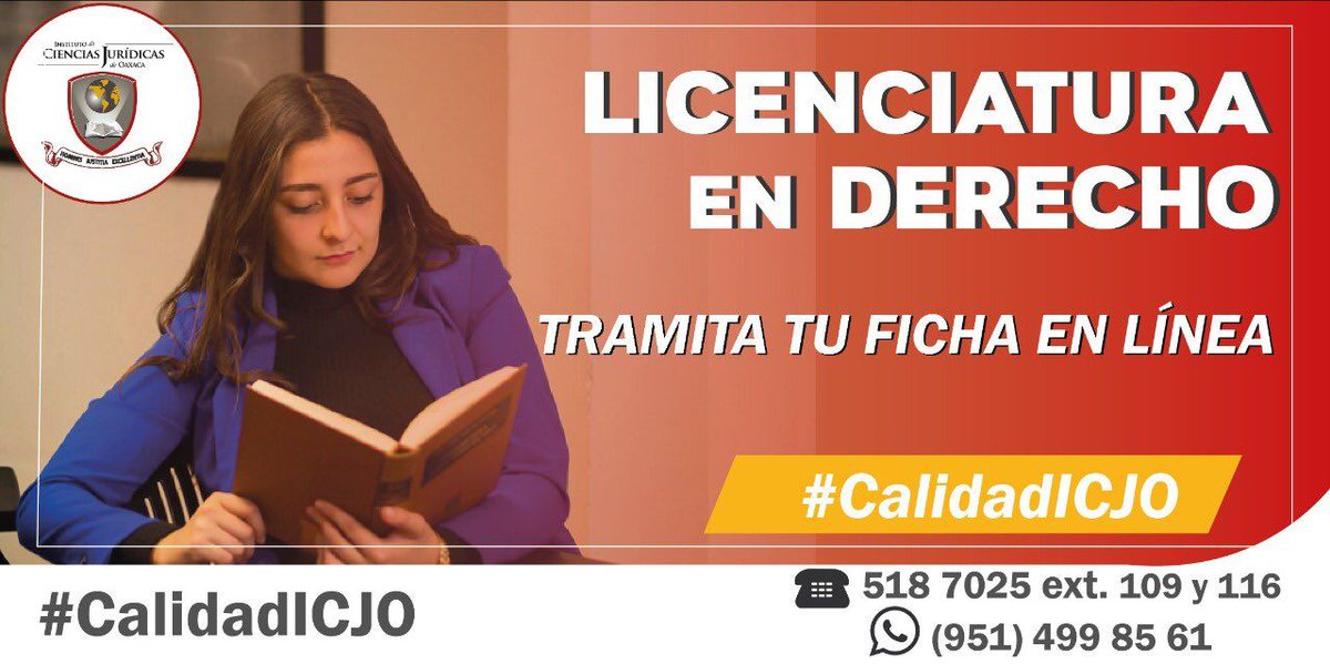 ICJOAC's tweet photo. En el #ICJO formamos abogadas y abogados de excelencia en lo teórico, práctico y humano, en un ámbito académico de primer nivel. ¡Inicia tu proceso de admisión! Envía Whats App al 951 499 8561 Más información 👉 https://t.co/V0TXBES02y https://t.co/tNWb8TRAKU