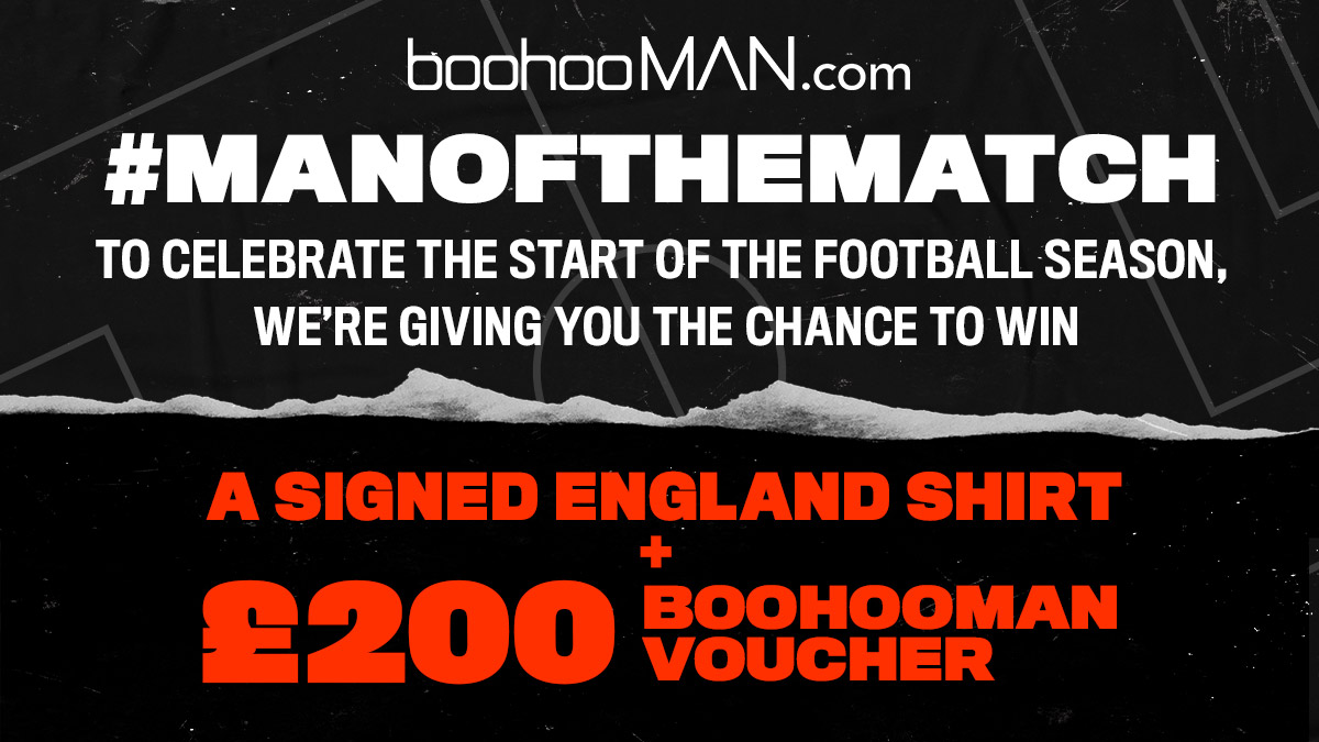 🔥 FOOTBALL IS BACK 🔥

Predict the correct #MANoftheMatch in the City vs. Arsenal game to #WIN a Signed England Shirt + a £200 boohooMAN Voucher 🤑💸 

TO ENTER:

1️⃣ Like &amp; RT
2️⃣ Reply with your MOTM prediction and #MANoftheMatch
3️⃣ Make sure you're following us

T&amp;Cs apply.
