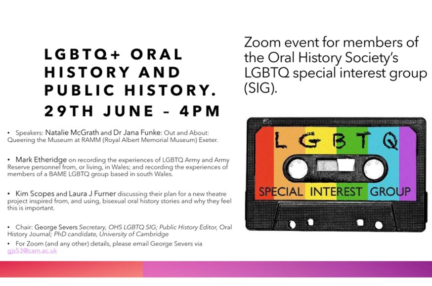 OHS_LGBT's tweet photo. We’re holiding our first Zoom event on Monday 29th June! We will be discussing LGBTQ oral history and its relationship with public history. Full details in the poster. Do share and join us! #LGBTQHistory #PRIDE2020 #oralhistory #publichistory #queerhistory #Twitterstorians https://t.co/Bw2duX0iqk