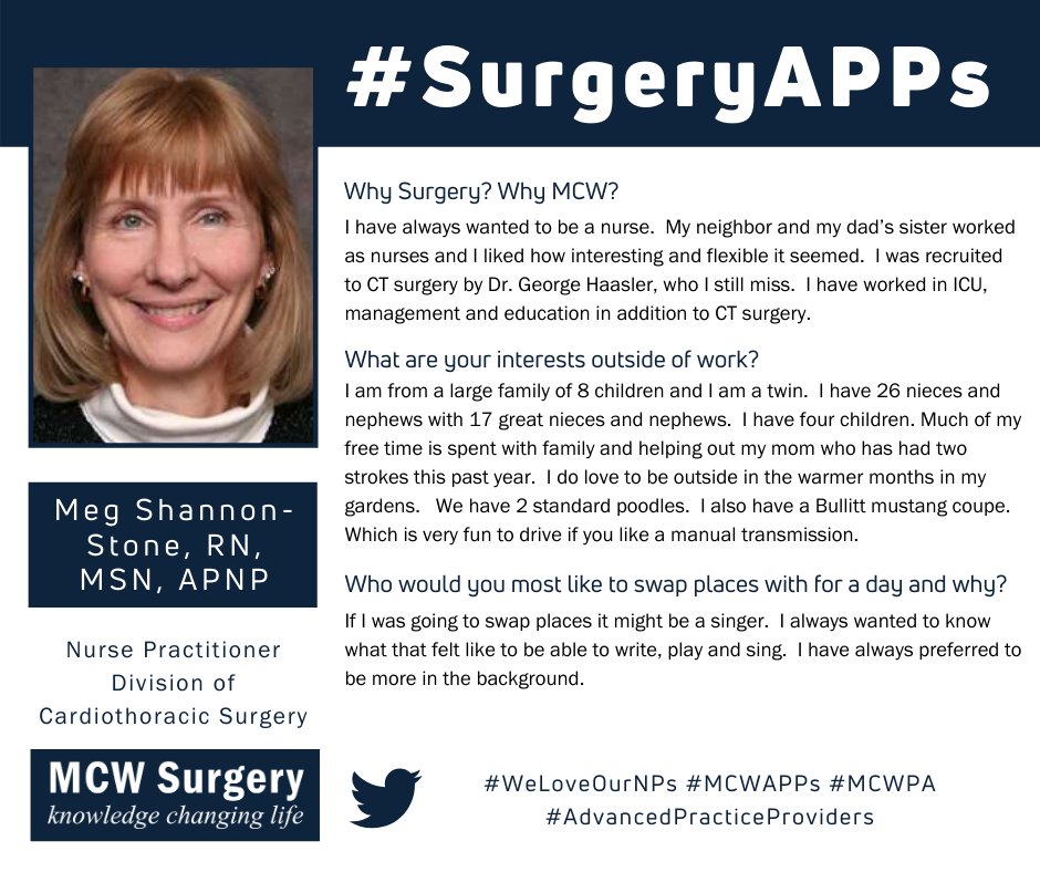 MCWSurgery's tweet photo. It's #SurgeryAPPs day! Today's feature is Nurse Practitioner Meg Shannon-Stone! Meg enjoys spending time with her family outside of work, as well as gardening and driving stick shift. She also just finished her term as the APP representative to faculty! 

#MCWAPPs #LeadingTheWay https://t.co/oFkRSsmK5p